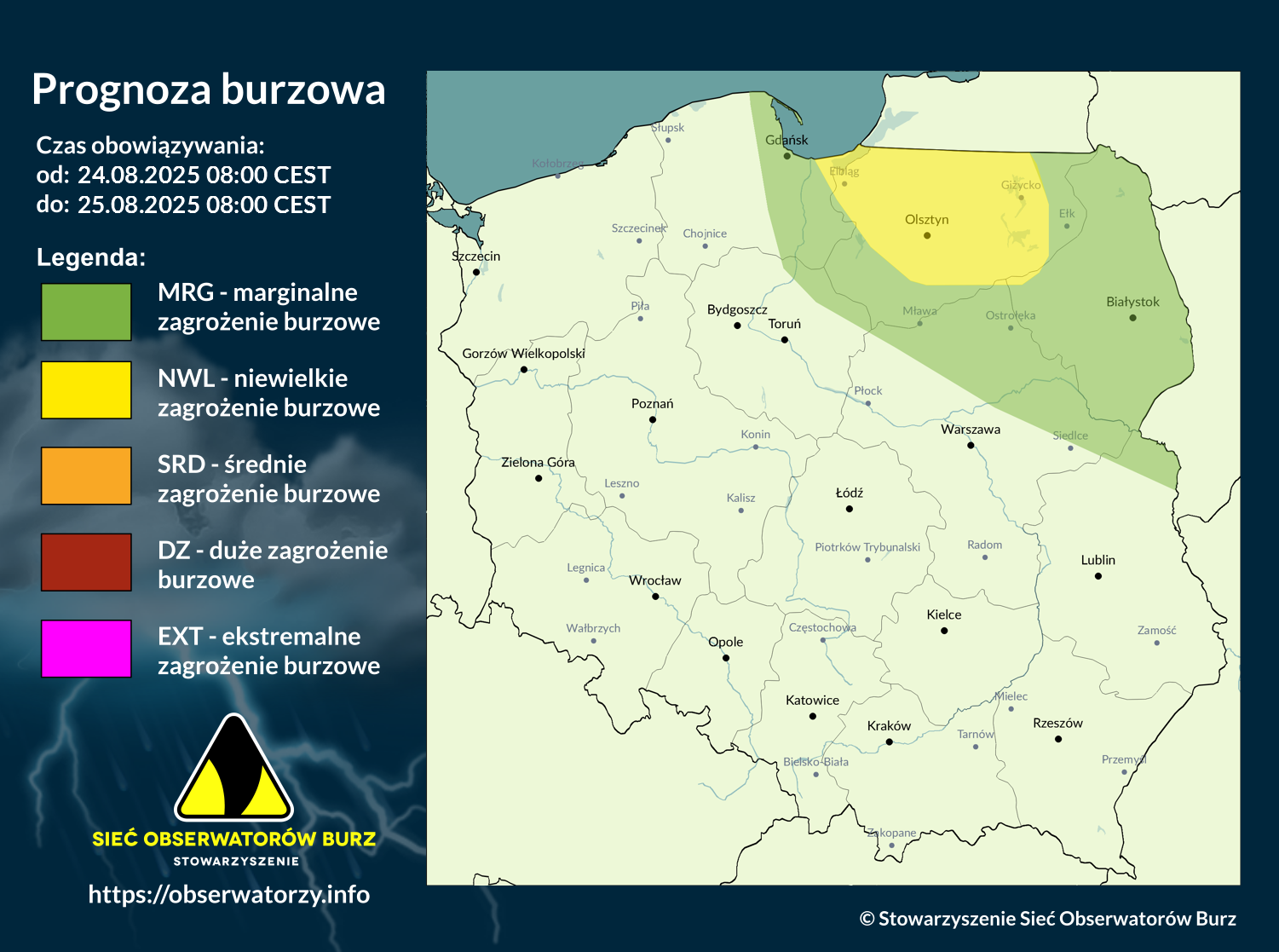Prognoza burzowa na 24.08.2025 i noc z 24/25.08.2025
