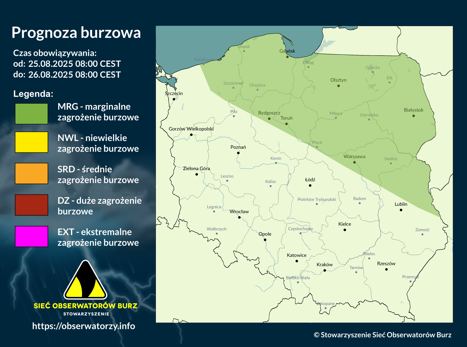 Prognoza burzowa na 25.08.2025 i noc z 25/26.08.2025