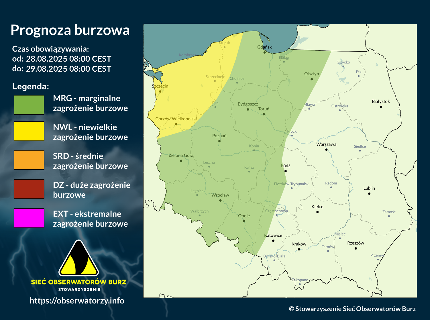 Prognoza burzowa na 28.08.2025 i noc z 28/29.08.2025