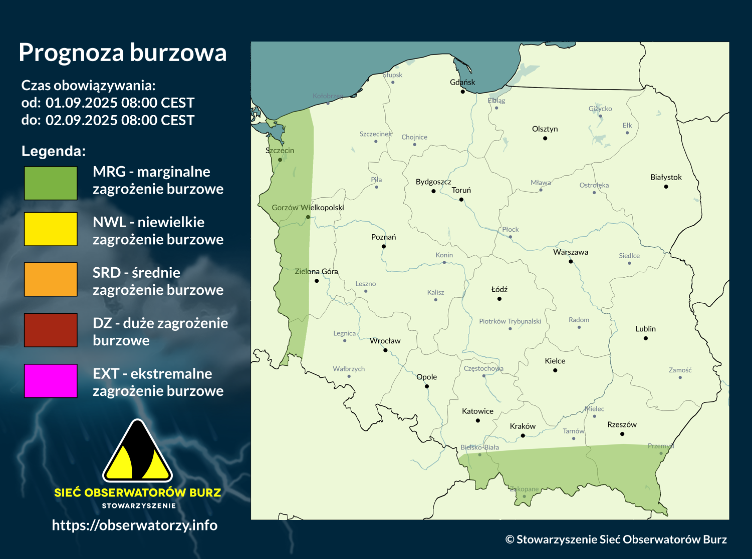 Prognoza burzowa na 1.09.2025 i noc z 1/2.09.2025