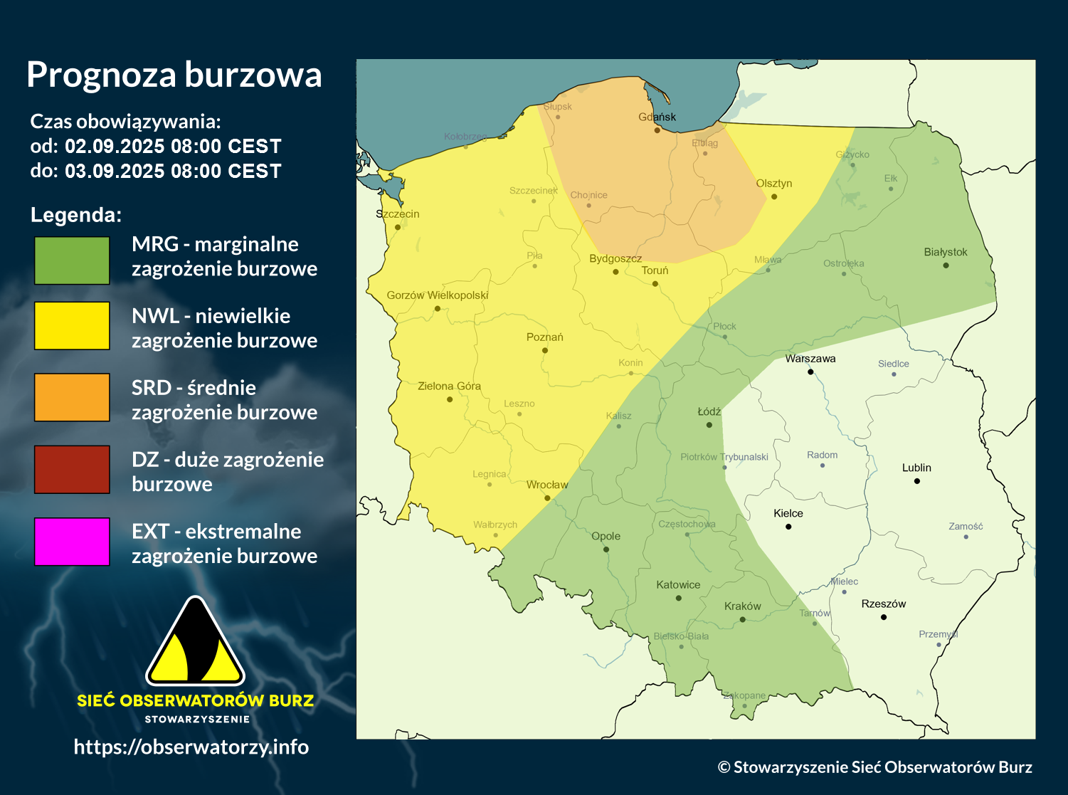 Prognoza burzowa na 2.09.2025 i noc z 2/3.09.2025