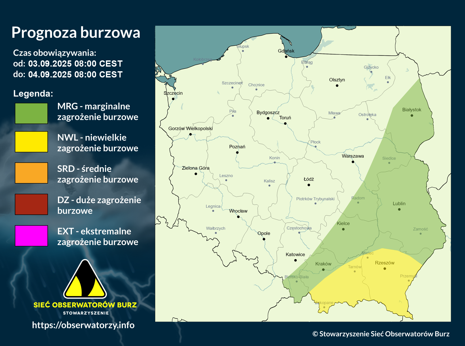 Prognoza burzowa na 3.09.2025 i noc z 3/4.09.2025