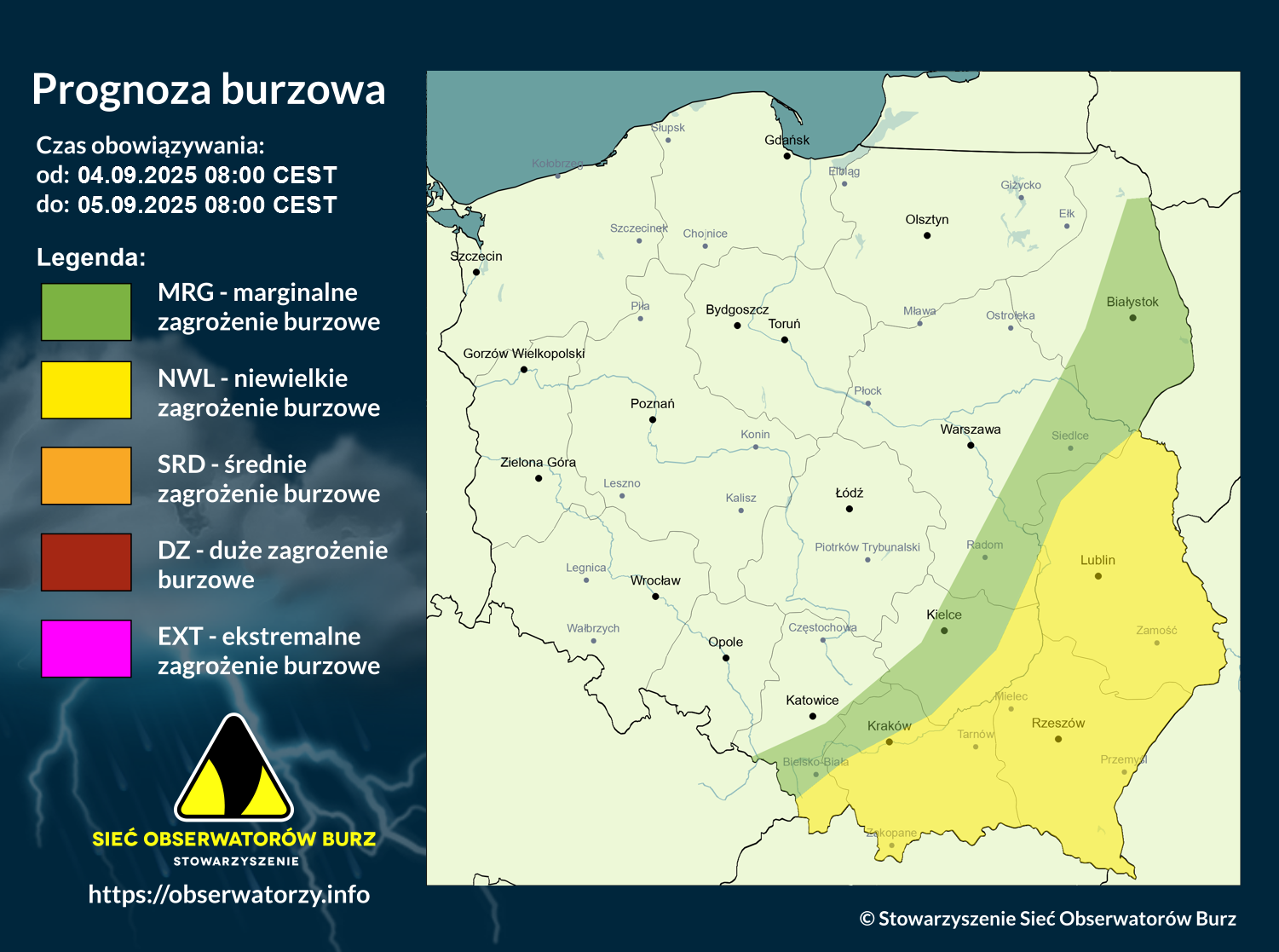 Prognoza burzowa na 4.09.2025 i noc z 4/5.09.2025
