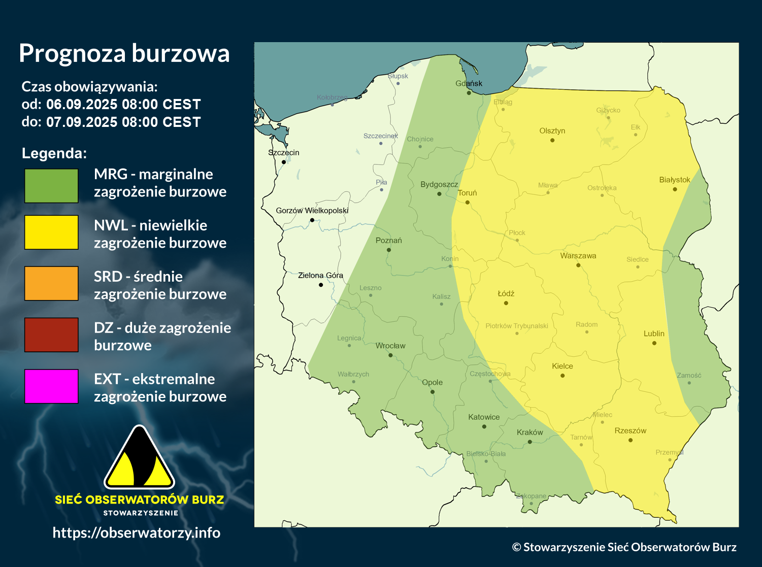 Prognoza burzowa na 6.09.2025 i noc z 6/7.09.2025