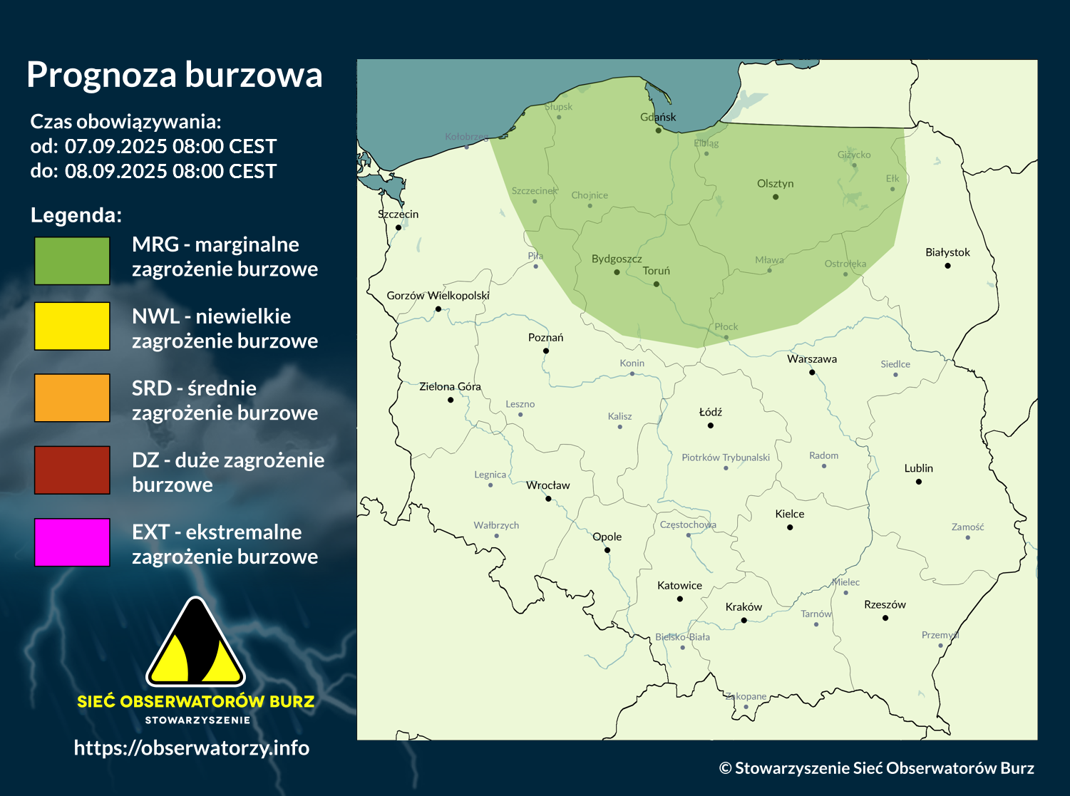 Prognoza burzowa na 7.09.2025 i noc z 7/8.09.2025