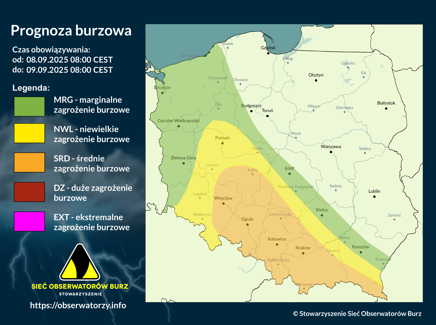 Prognoza burzowa na 8.09.2025 i noc z 8/9.09.2025 [AKTUALIZACJA]