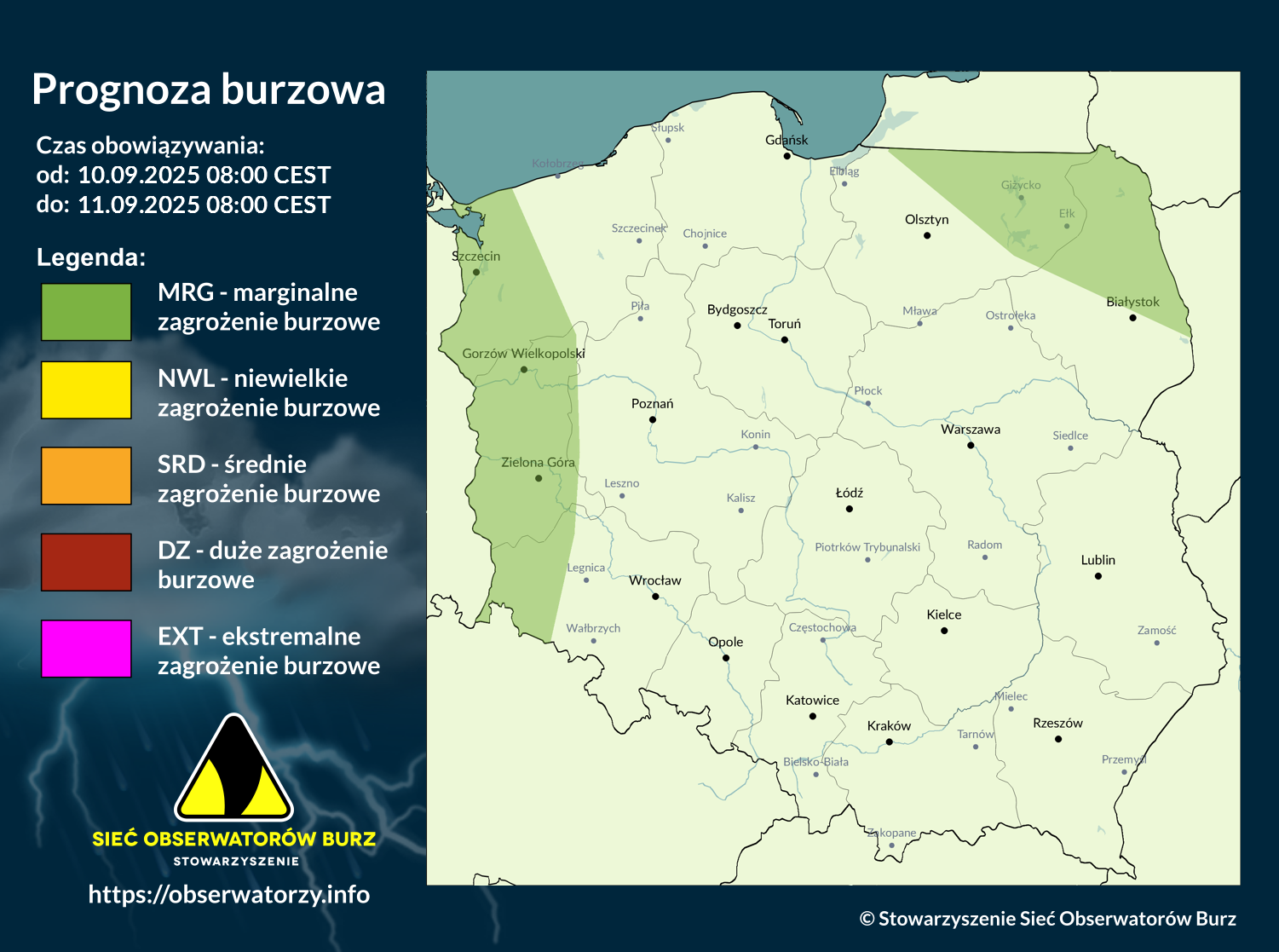 Prognoza burzowa na 10.09.2025 i noc z 10/11.09.2025