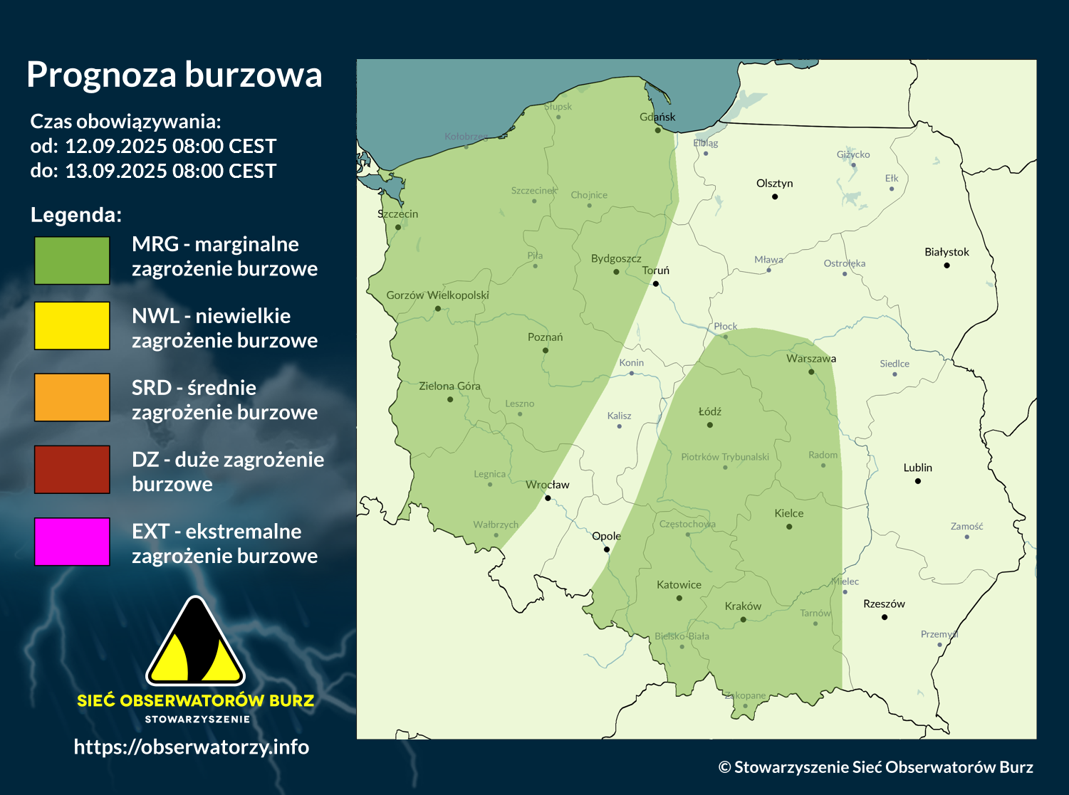 Prognoza burzowa na 12.09.2025 i noc z 12/13.09.2025