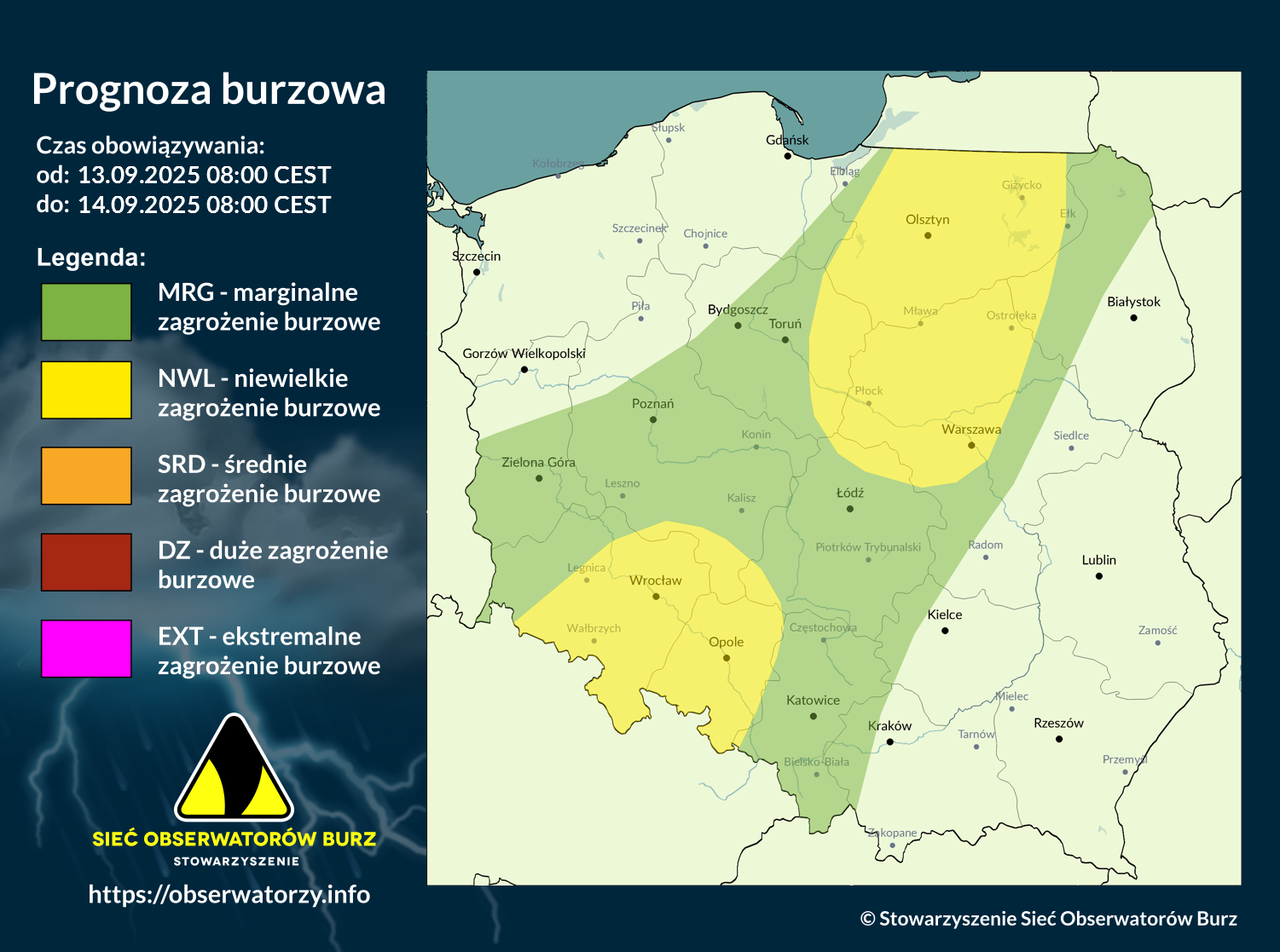 Prognoza burzowa na 13.09.2025 i noc z 13/14.09.2025