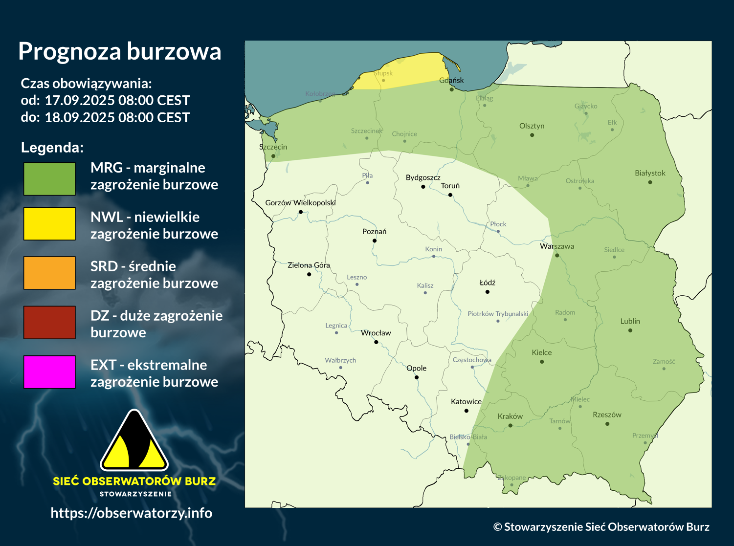 Prognoza burzowa na 17.09.2025 i noc z 17/18.09.2025