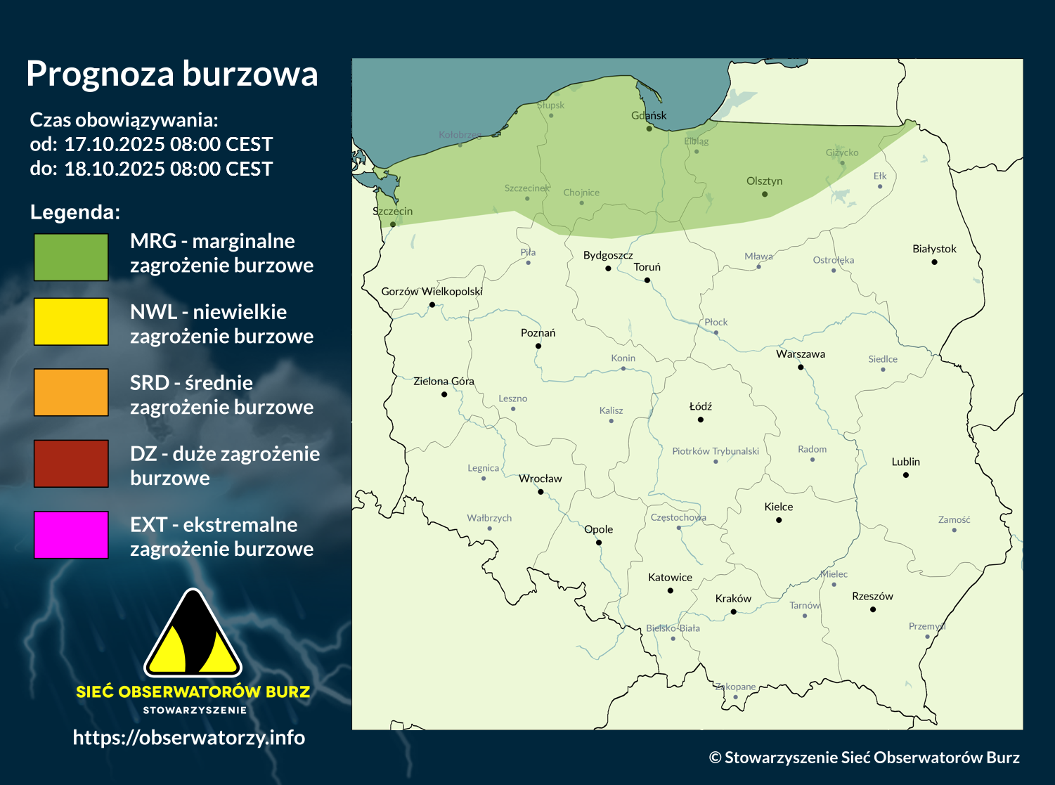 Prognoza burzowa na 17.10.2025 i noc z 17/18.10.2025