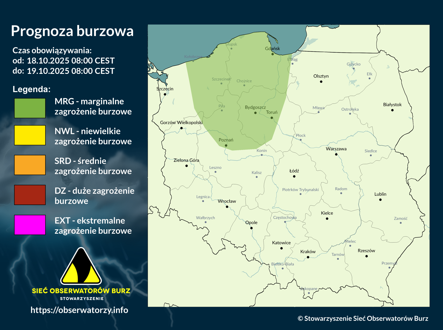 Prognoza burzowa na 18.10.2025 i noc z 18/19.10.2025