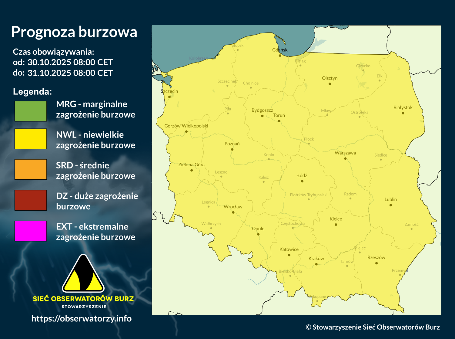 Prognoza burzowa i ostrzeżenie przed silnym wiatrem na 30.10.2025 i noc z 30/31.10.2025
