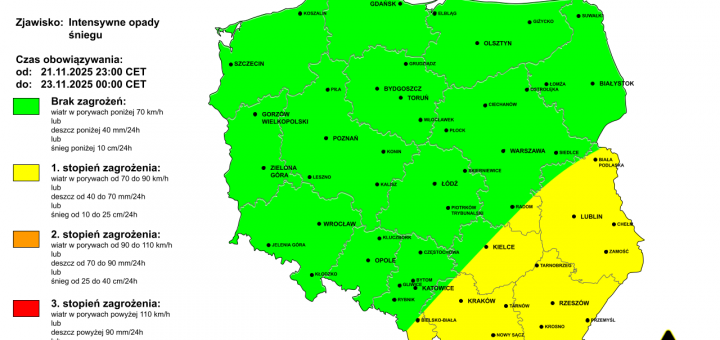 Ostrzeżenie przed intensywnymi opadami śniegu na 22.11.2025