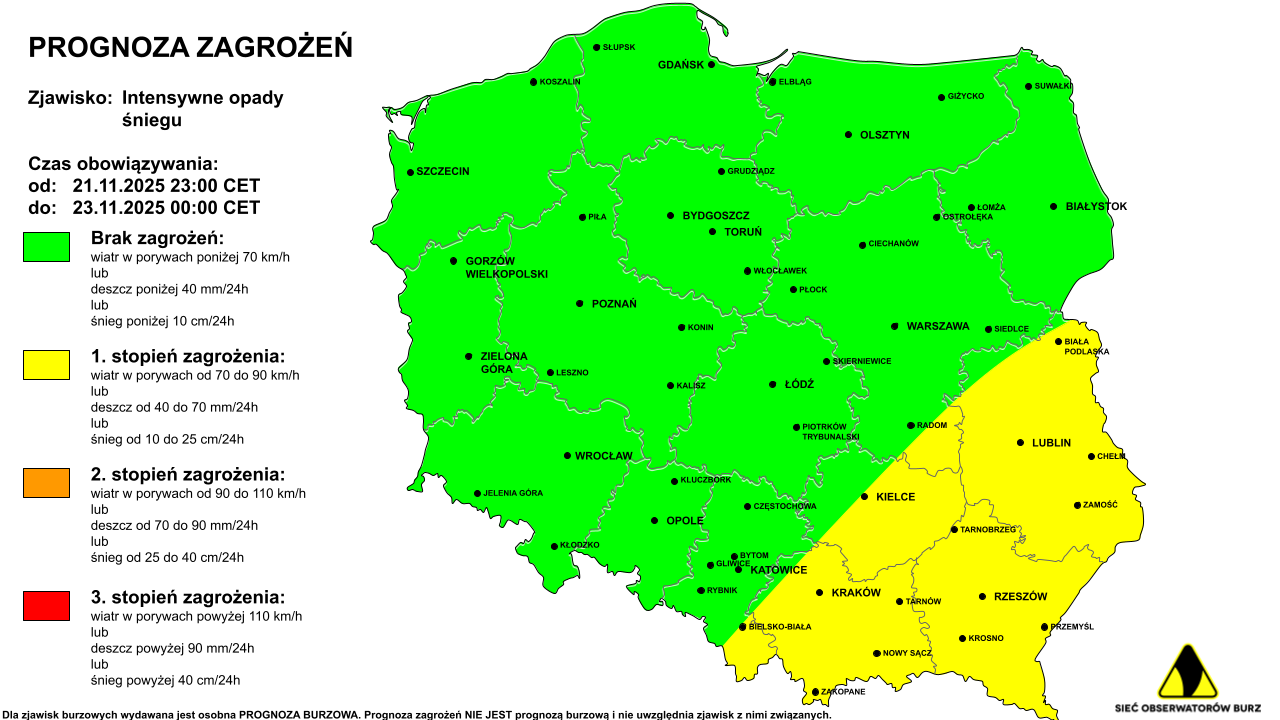 Ostrzeżenie przed intensywnymi opadami śniegu na 22.11.2025