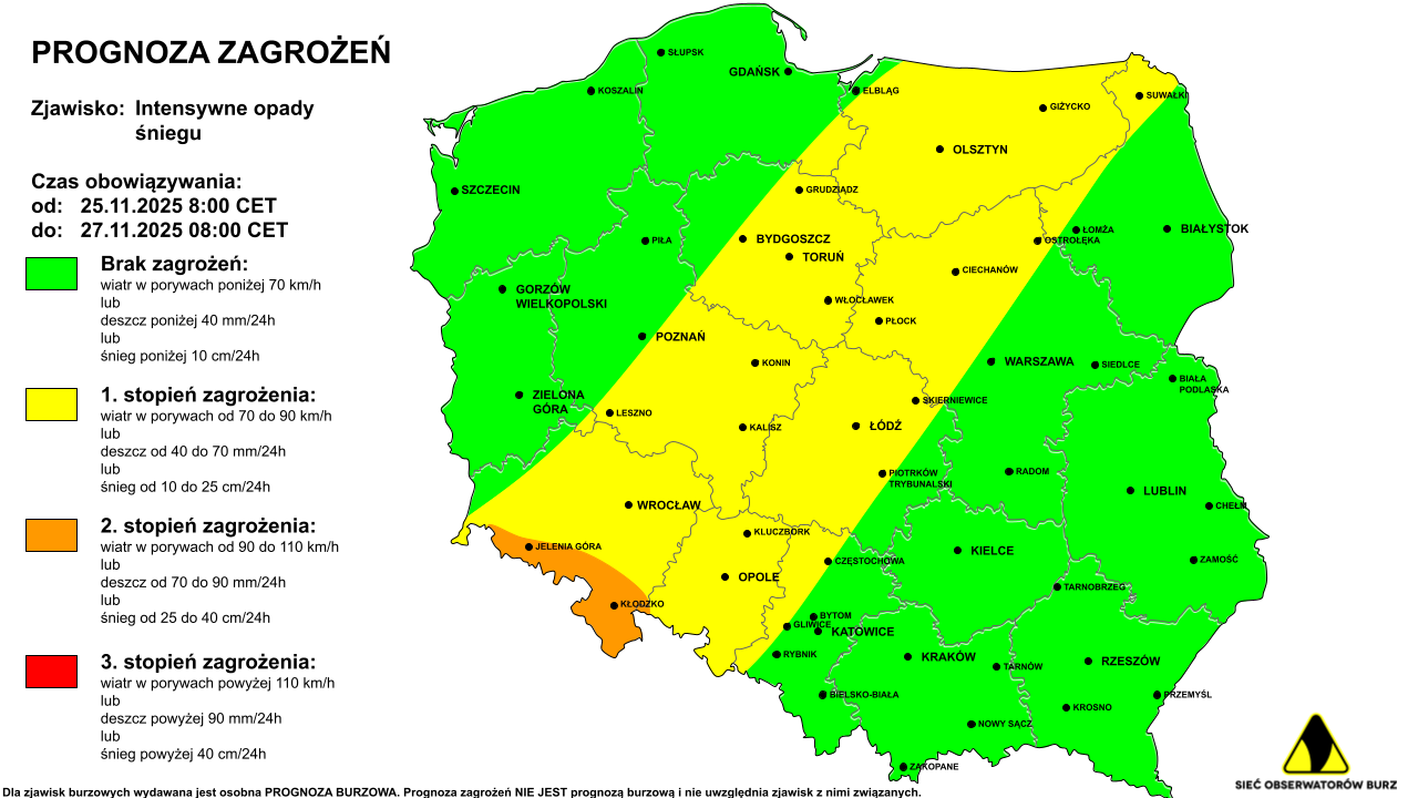 Ostrzeżenie przed intensywnymi opadami śniegu na 25-27.11.2025