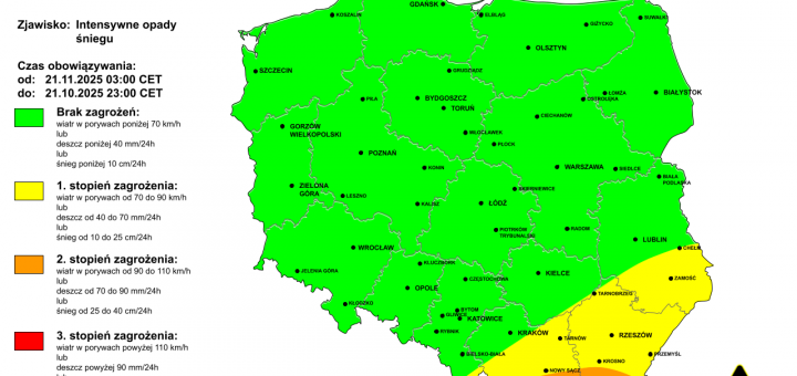 Ostrzeżenie przed intensywnymi opadami śniegu na 21.11.2025