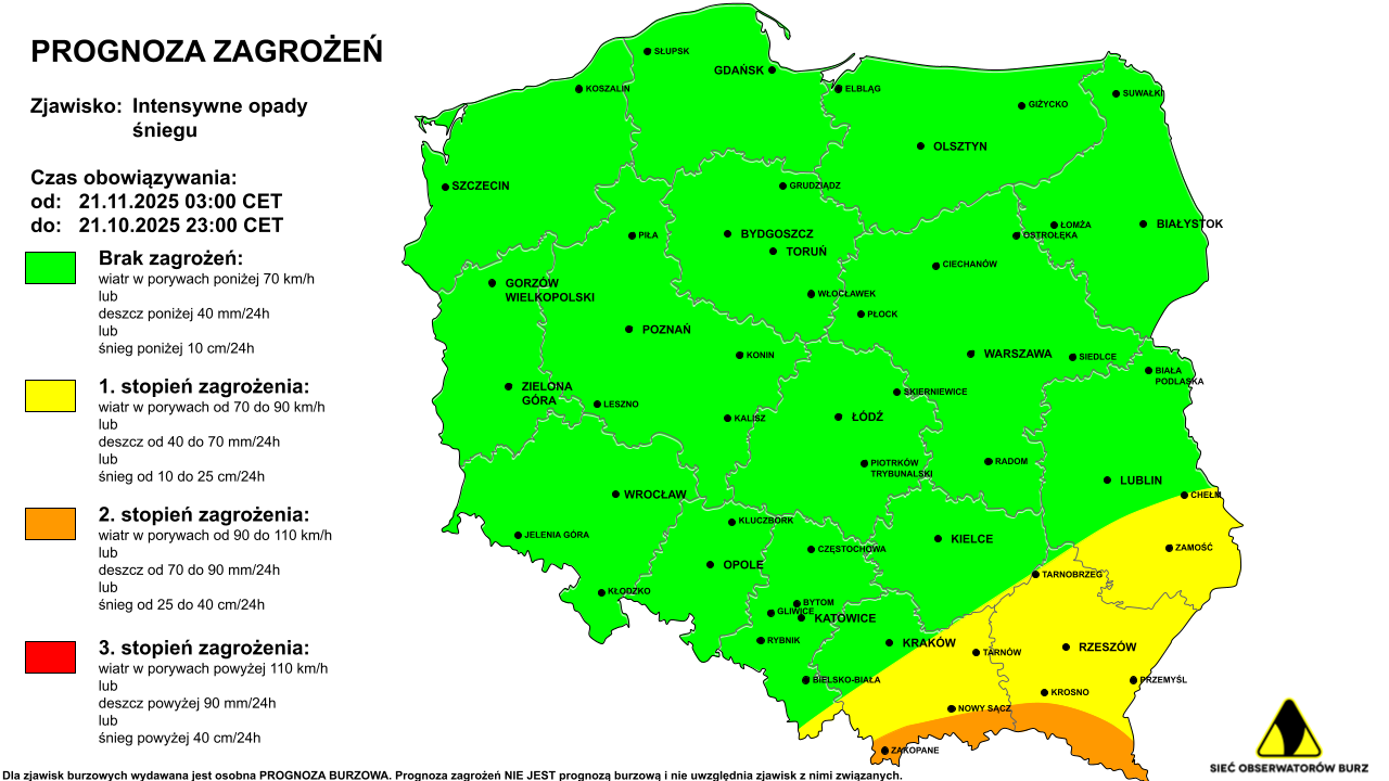Ostrzeżenie przed intensywnymi opadami śniegu na 21.11.2025
