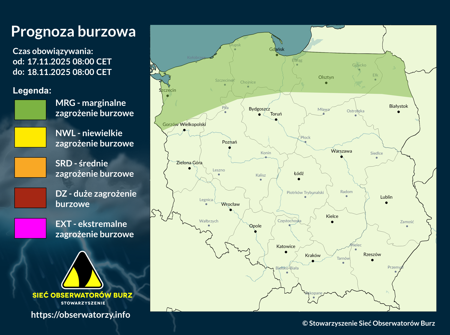 Prognoza burzowa na 17.11.2025 i noc z 17/18.11.2025
