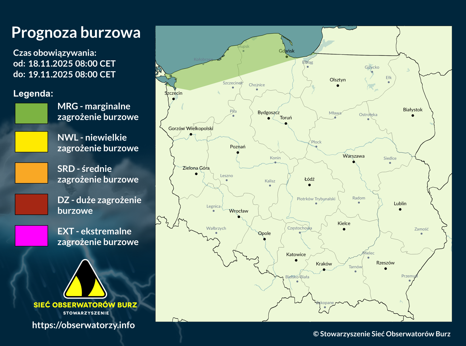 Prognoza burzowa na 18.11.2025 i noc z 18/19.11.2025