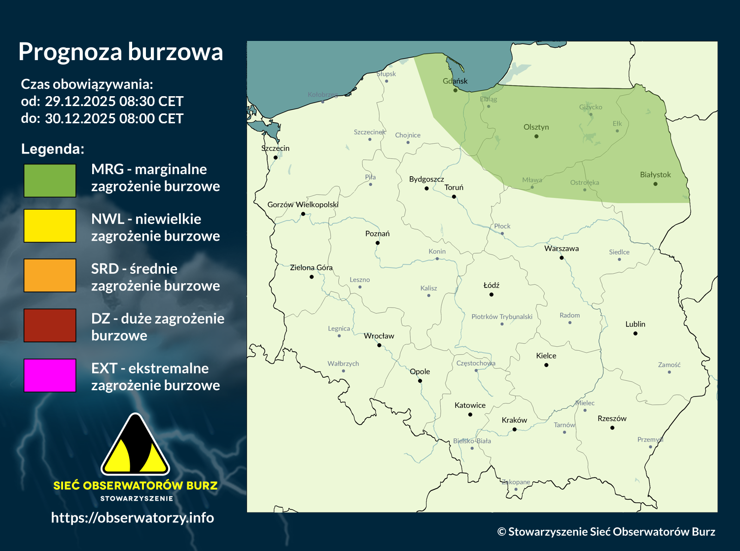Prognoza burzowa na 29.12.2025 i noc z 29/30.12.2025