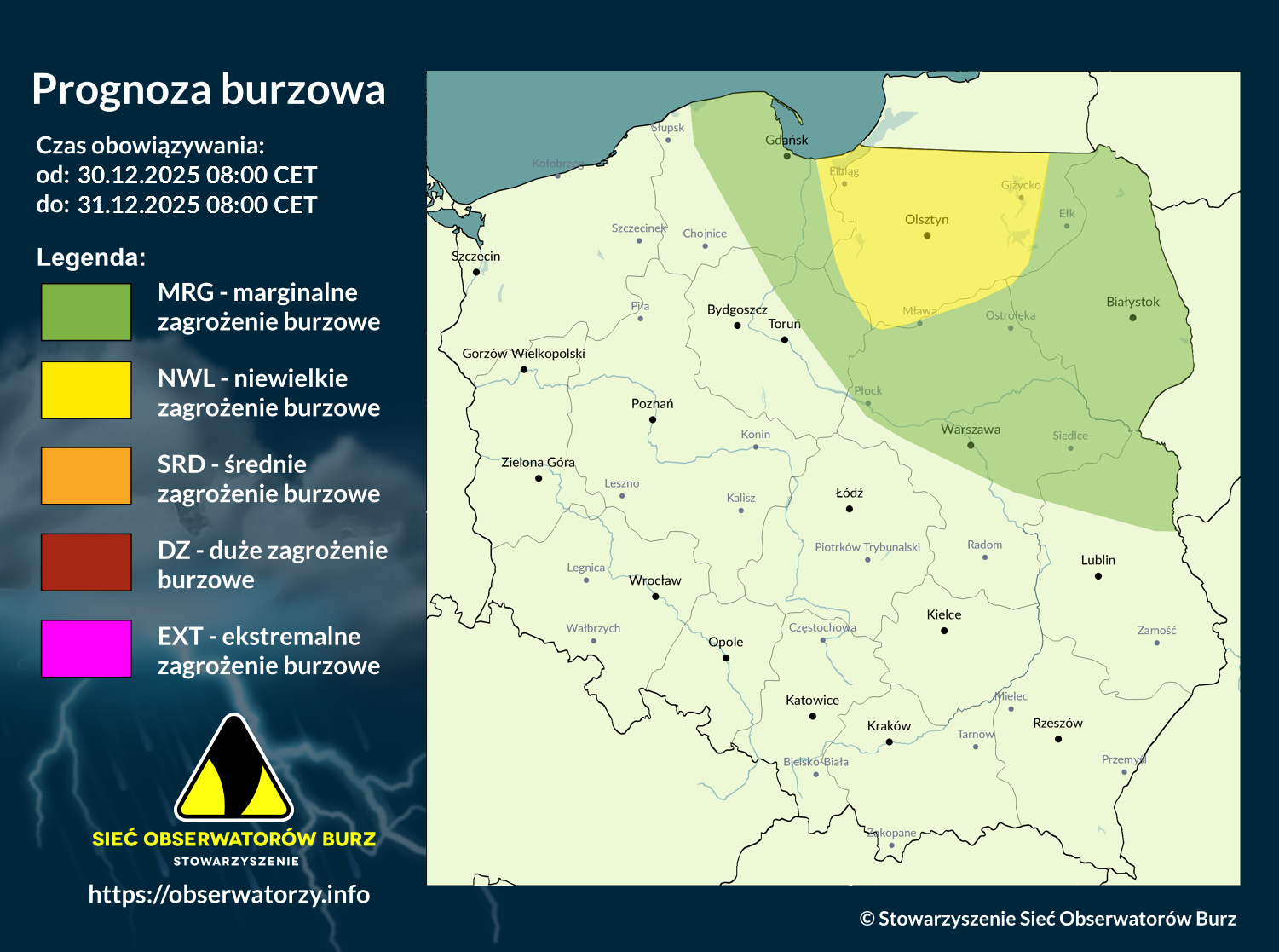 Prognoza burzowa na 30.12.2025 i noc z 30/31.12.2025