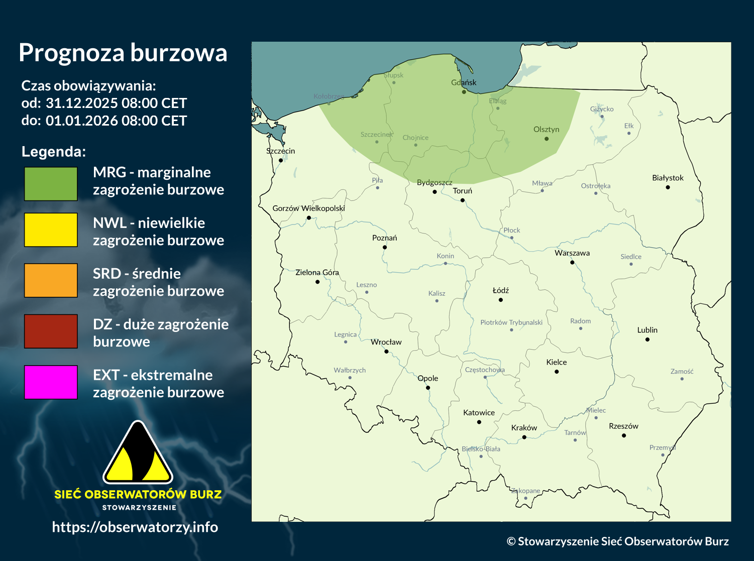 Prognoza burzowa na 31.12.2025 i noc z 31.12.2025/1.01.2026