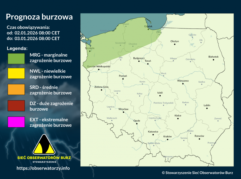 Prognoza burzowa na 2.01.2025 i noc z 2/3.01.2025