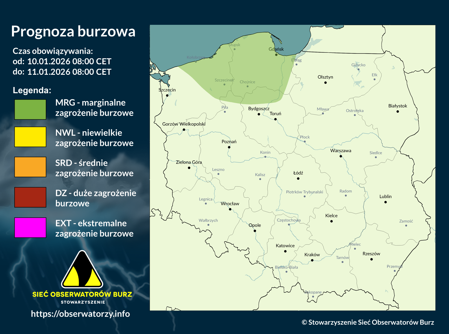 Prognoza burzowa na 10.01.2026 i noc z 10/11.01.2026