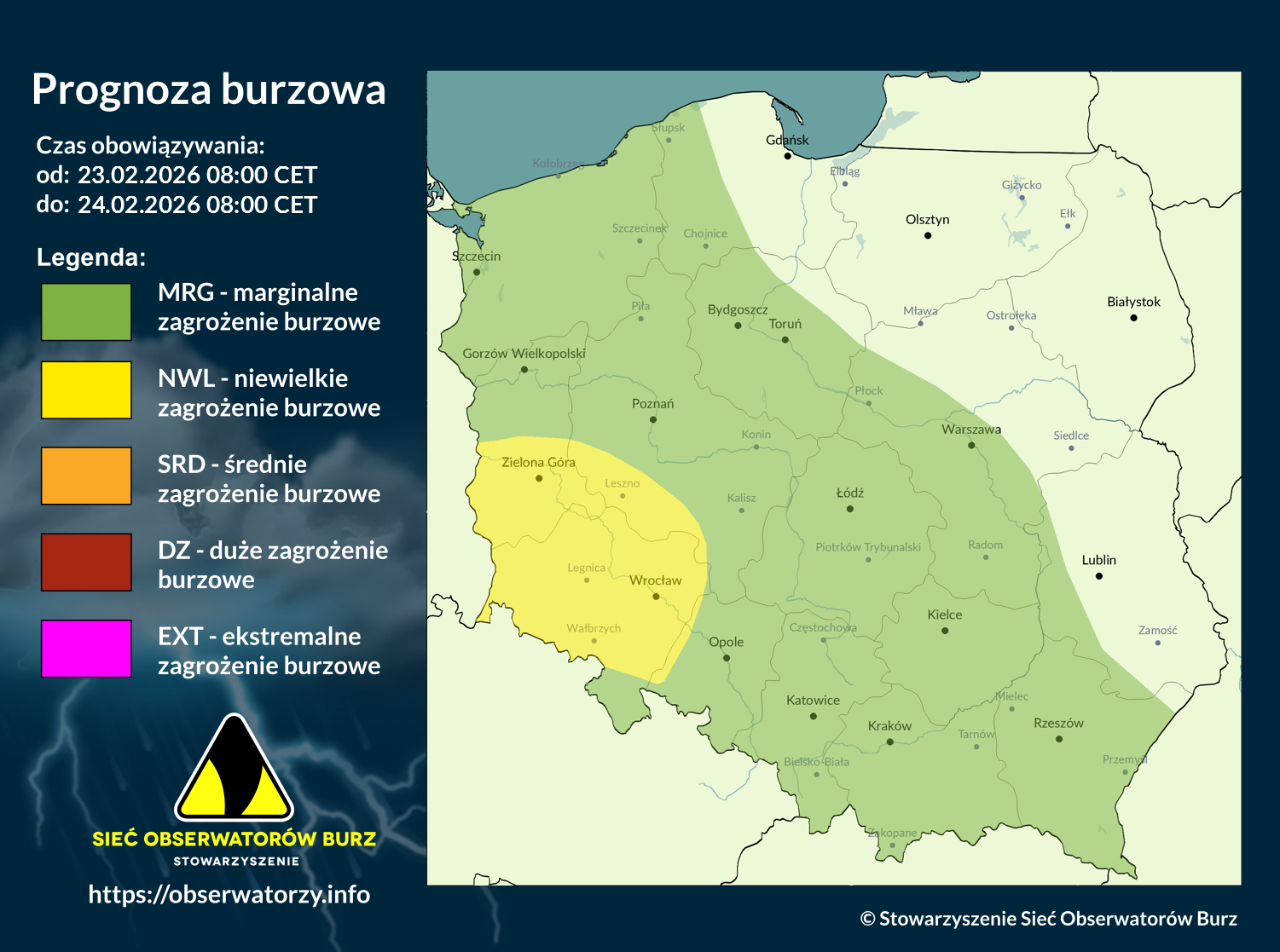 Prognoza burzowa na 23.02.2026 i noc z 23/24.02.2026