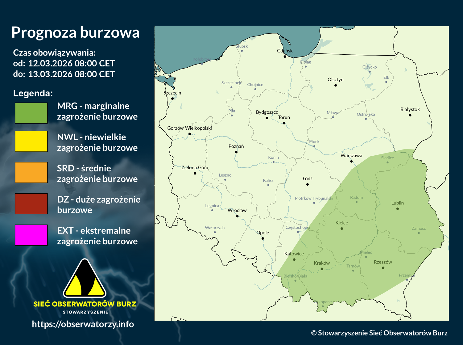 Prognoza burzowa na 12.03.2026 i noc z 12/13.03.2026