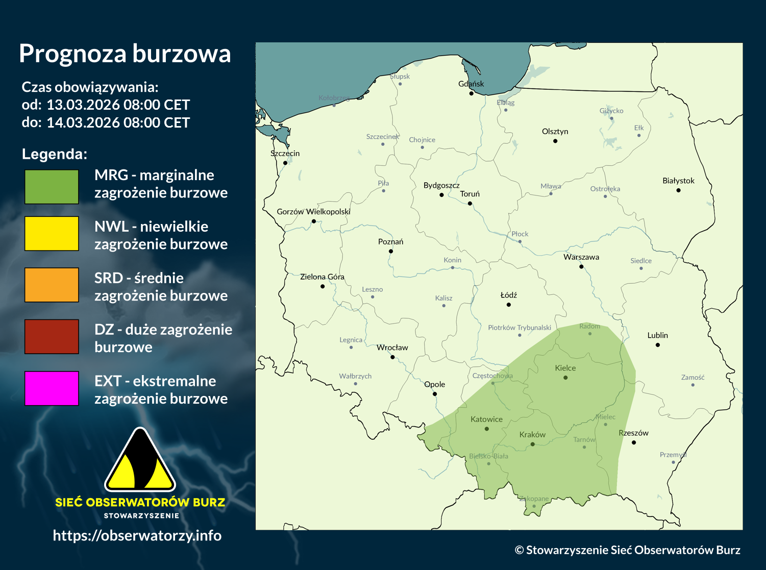 Prognoza burzowa na 13.03.2026 i noc z 13/14.03.2026