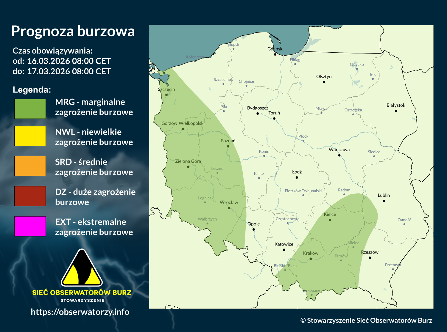 Prognoza burzowa na 16.03.2026 i noc z 16/17.03.2026