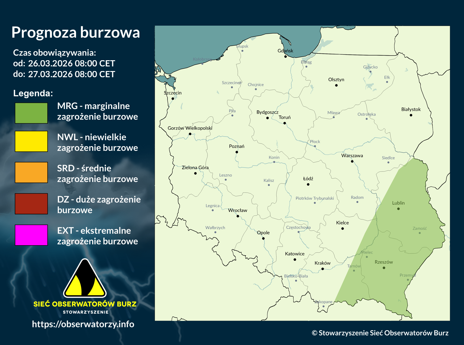 Prognoza burzowa na 26.03.2026 i noc z 26/27.03.2026