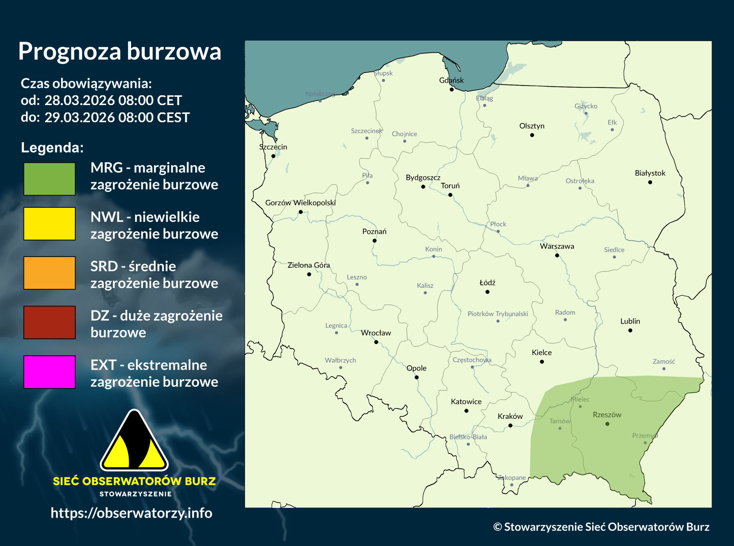 Prognoza burzowa na 28.03.2026 i noc z 28/29.03.2026