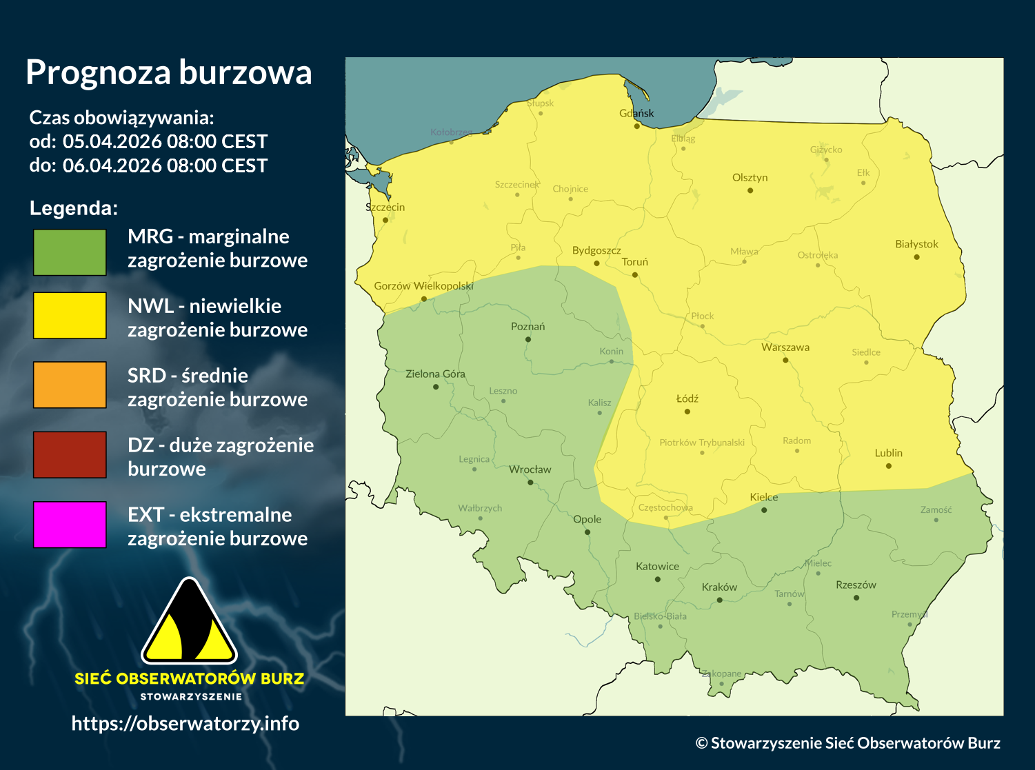 Prognoza burzowa na 5.04.2026 i noc z 5/6.04.2026