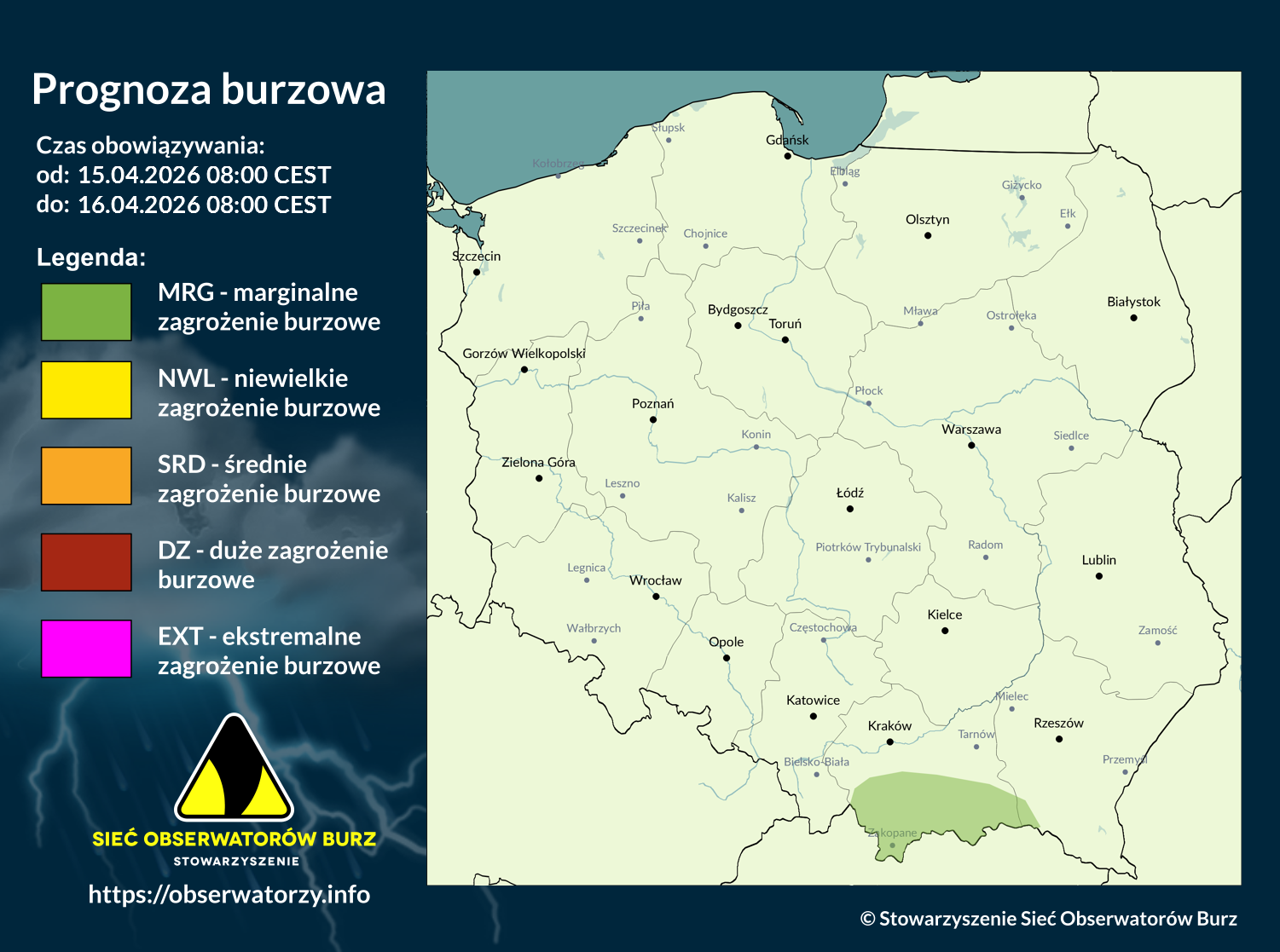 Prognoza burzowa na 15.04.2026 i noc z 15/16.04.2026