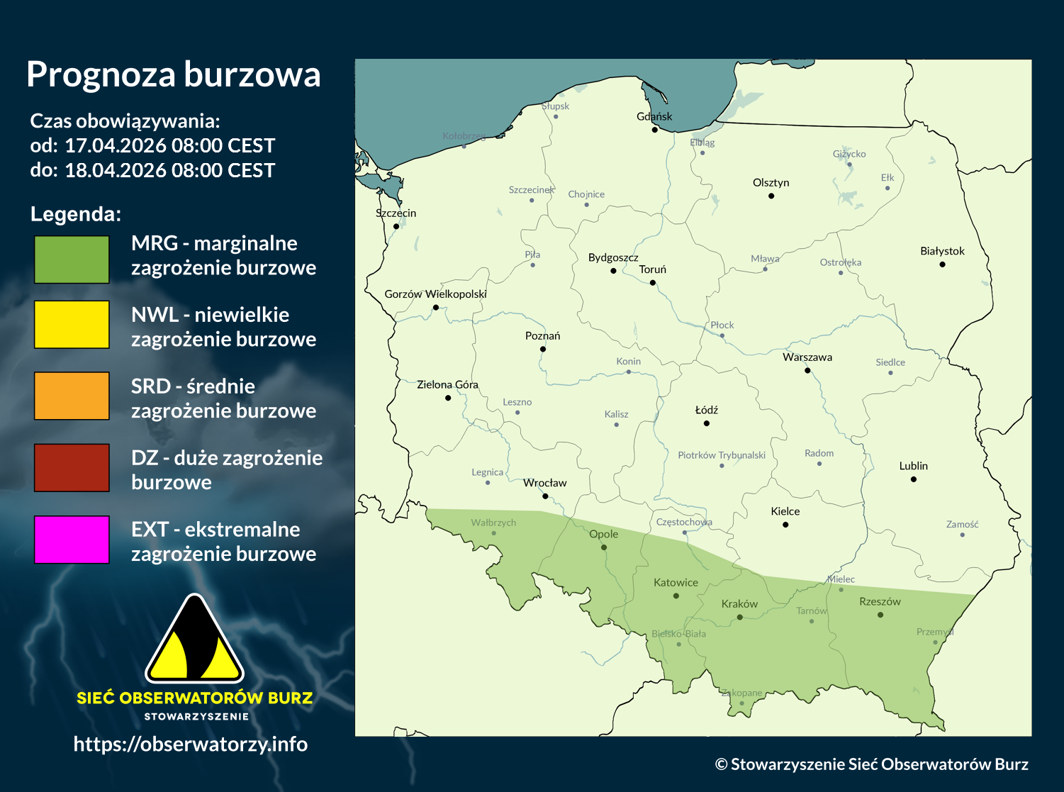 Prognoza burzowa na 17.04.2026 i noc z 17/18.04.2026