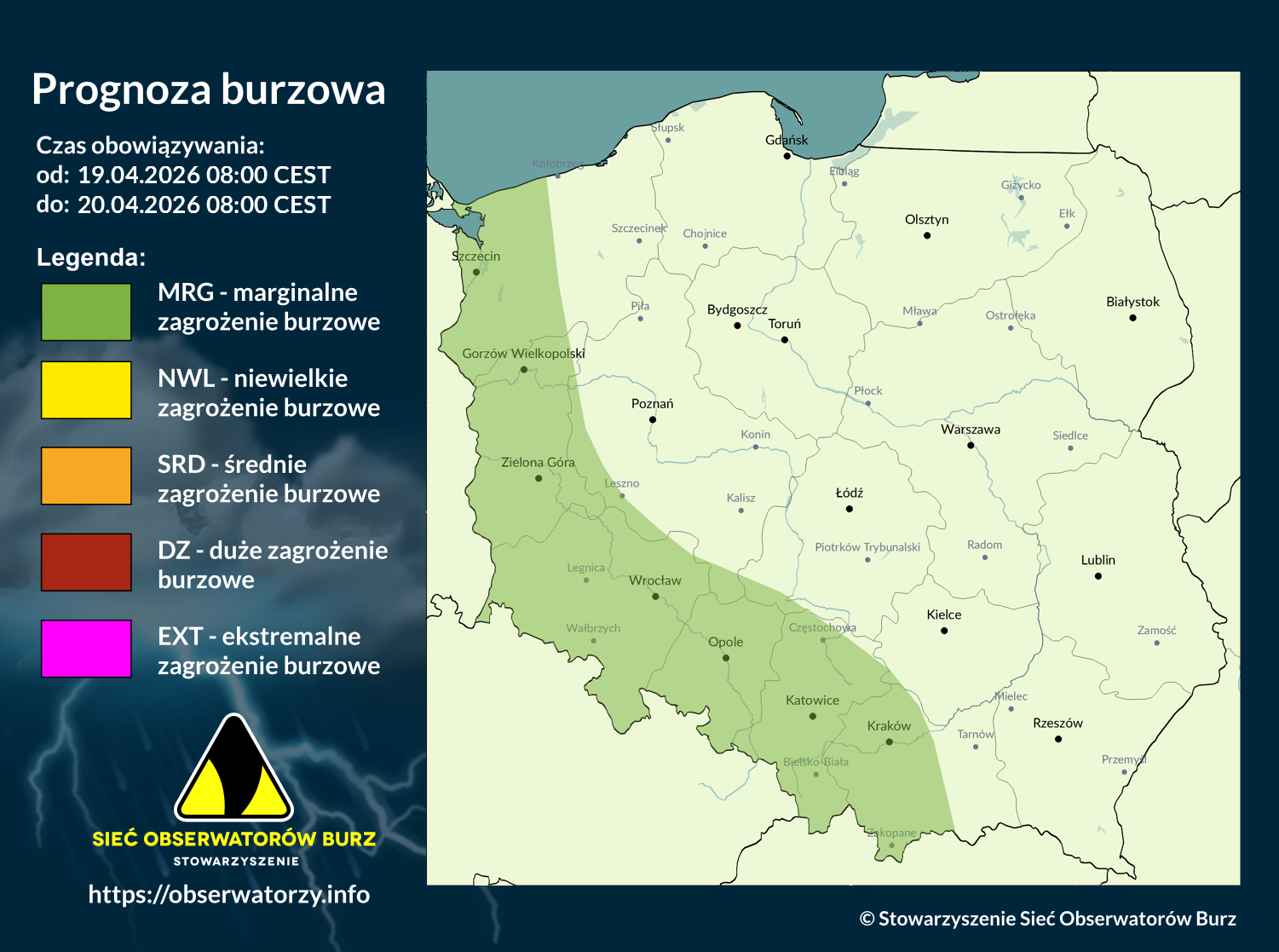 Prognoza burzowa na 19.04.2026 i noc 19/20.04.2026