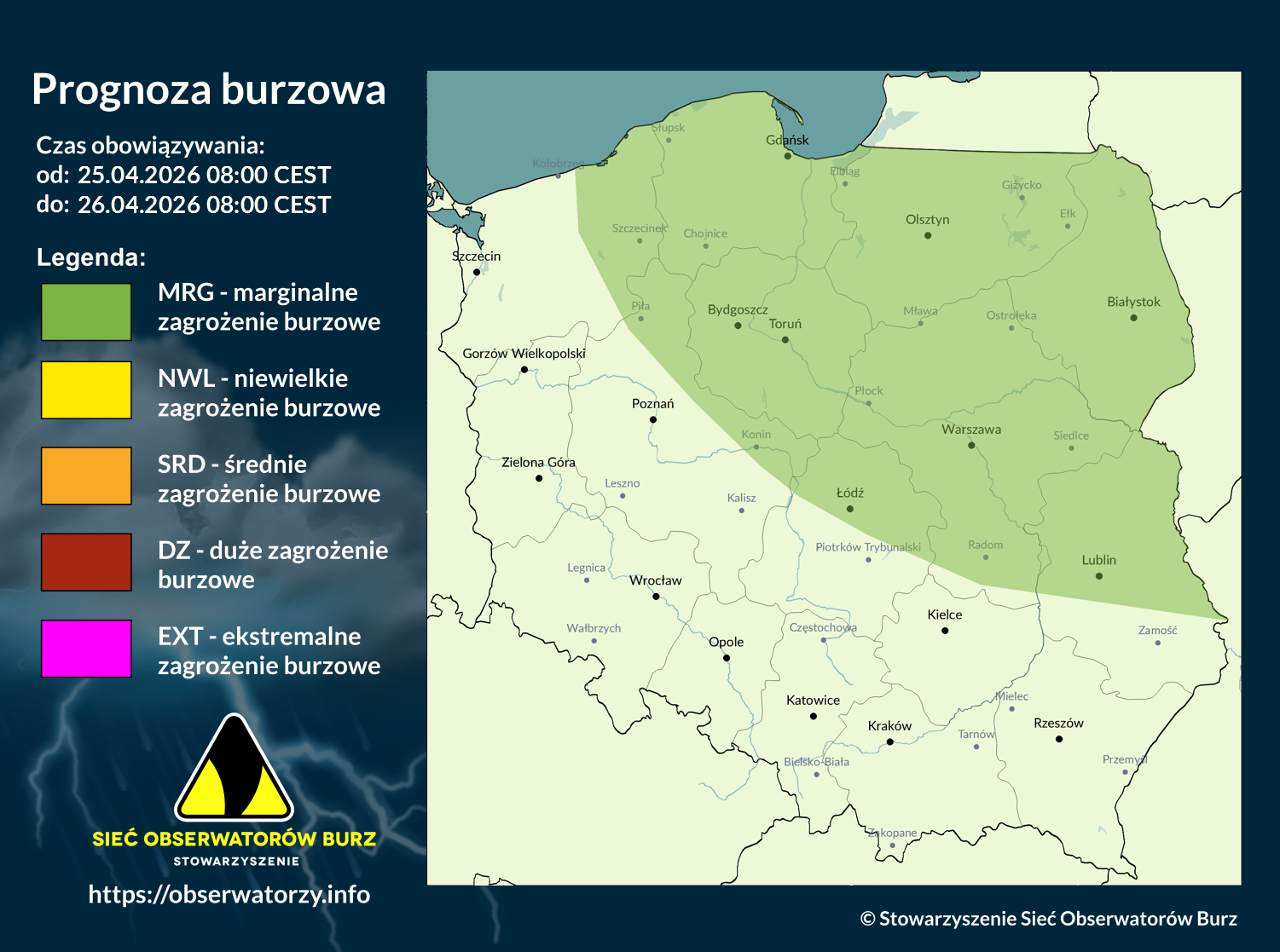 Prognoza burzowa na 25.04.2026 i noc z 25/26.04.2026