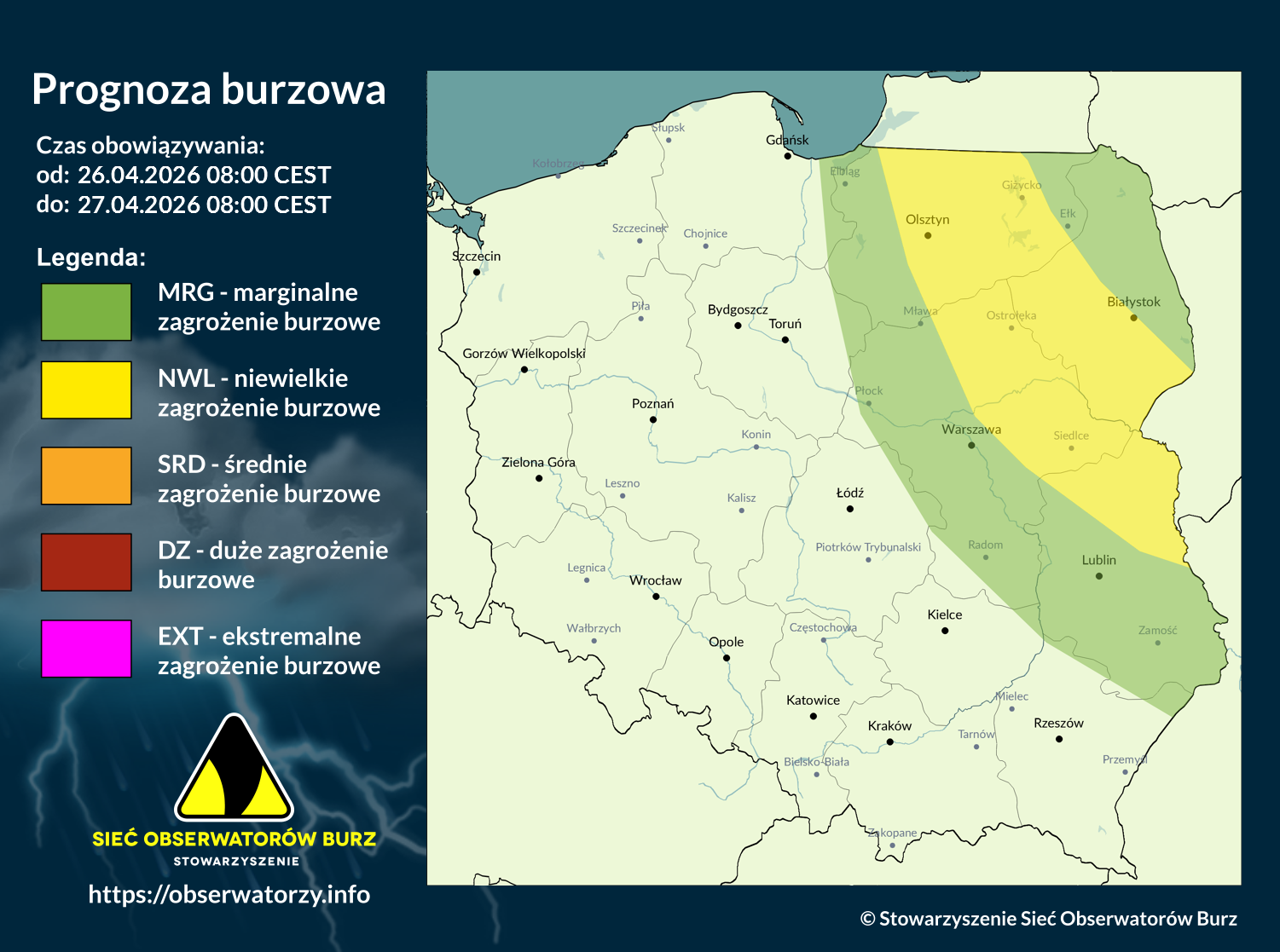 Prognoza burzowa na 26.04.2026 i noc z 26/27.04.2026