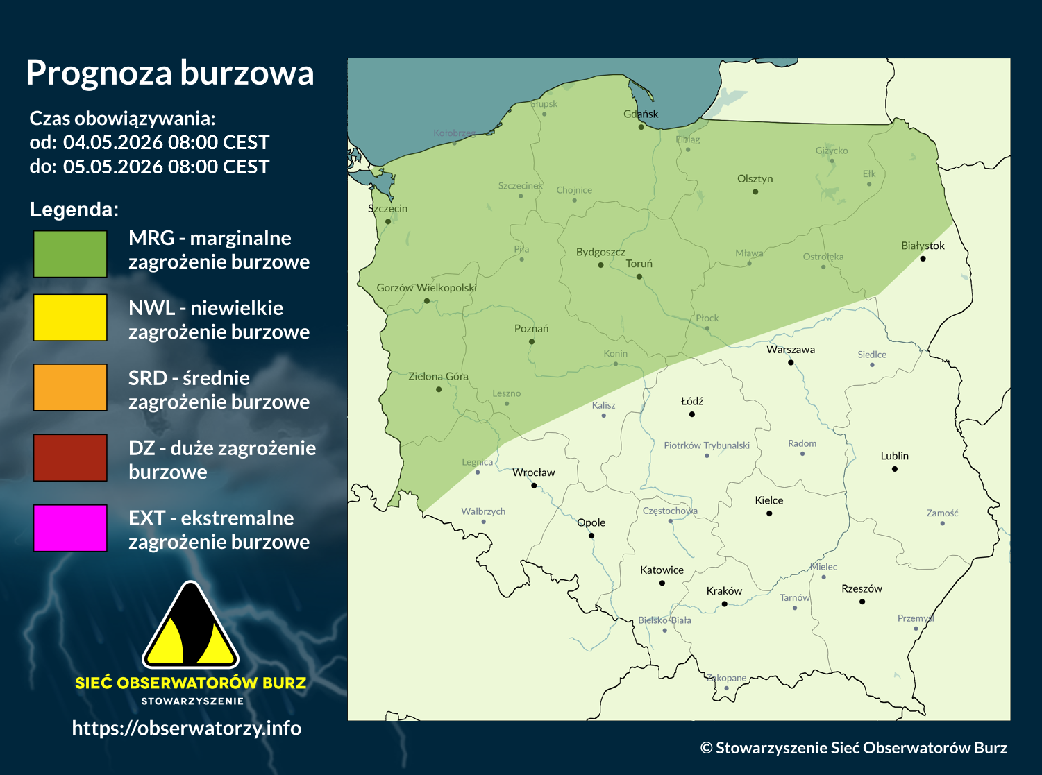 Prognoza burzowa na 4.05.2026 i noc z 4/5.05.2026