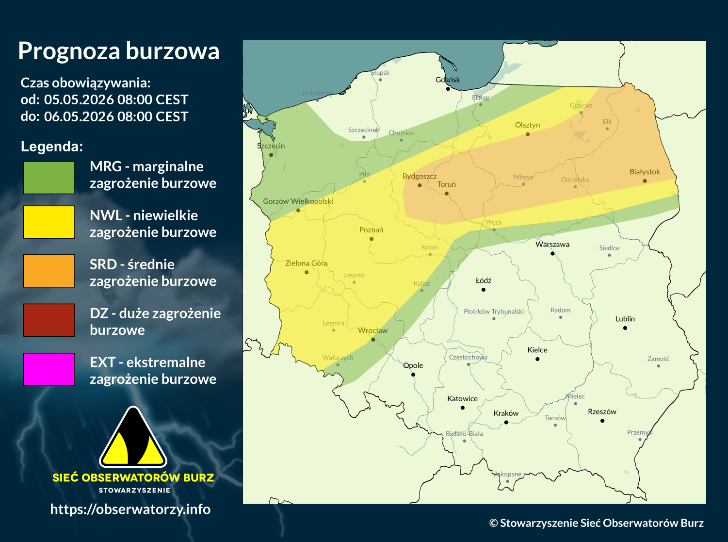 Prognoza burzowa na 5.05.2026 i noc z 5/6.05.2026