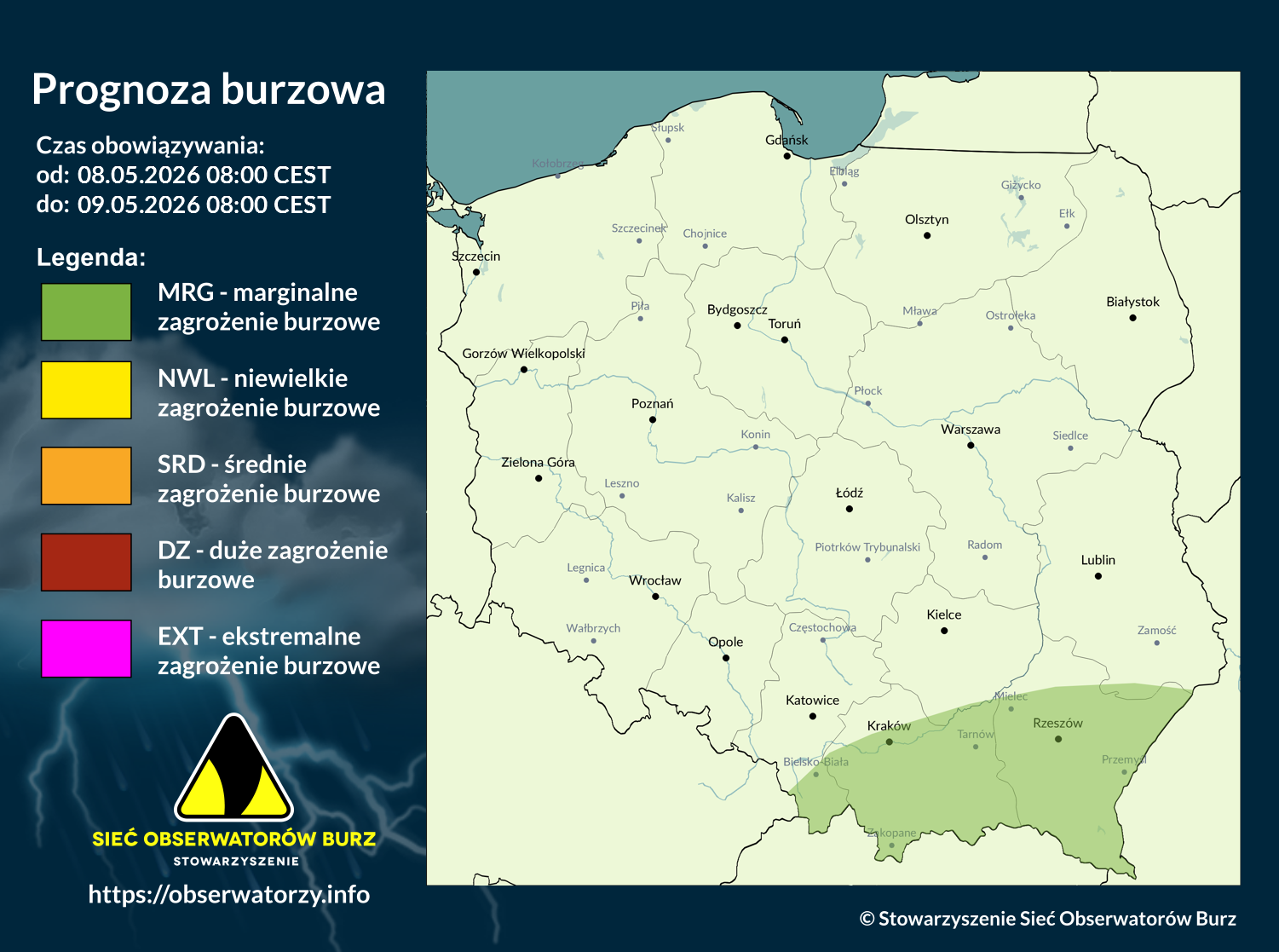 Prognoza burzowa na 8.05.2026 i noc z 8/9.05.2026