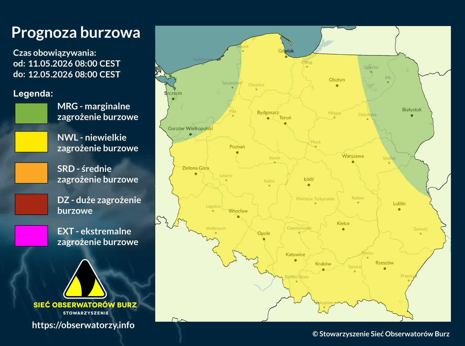 Prognoza burzowa na 11.05.2026 i noc z 11/12.05.2026