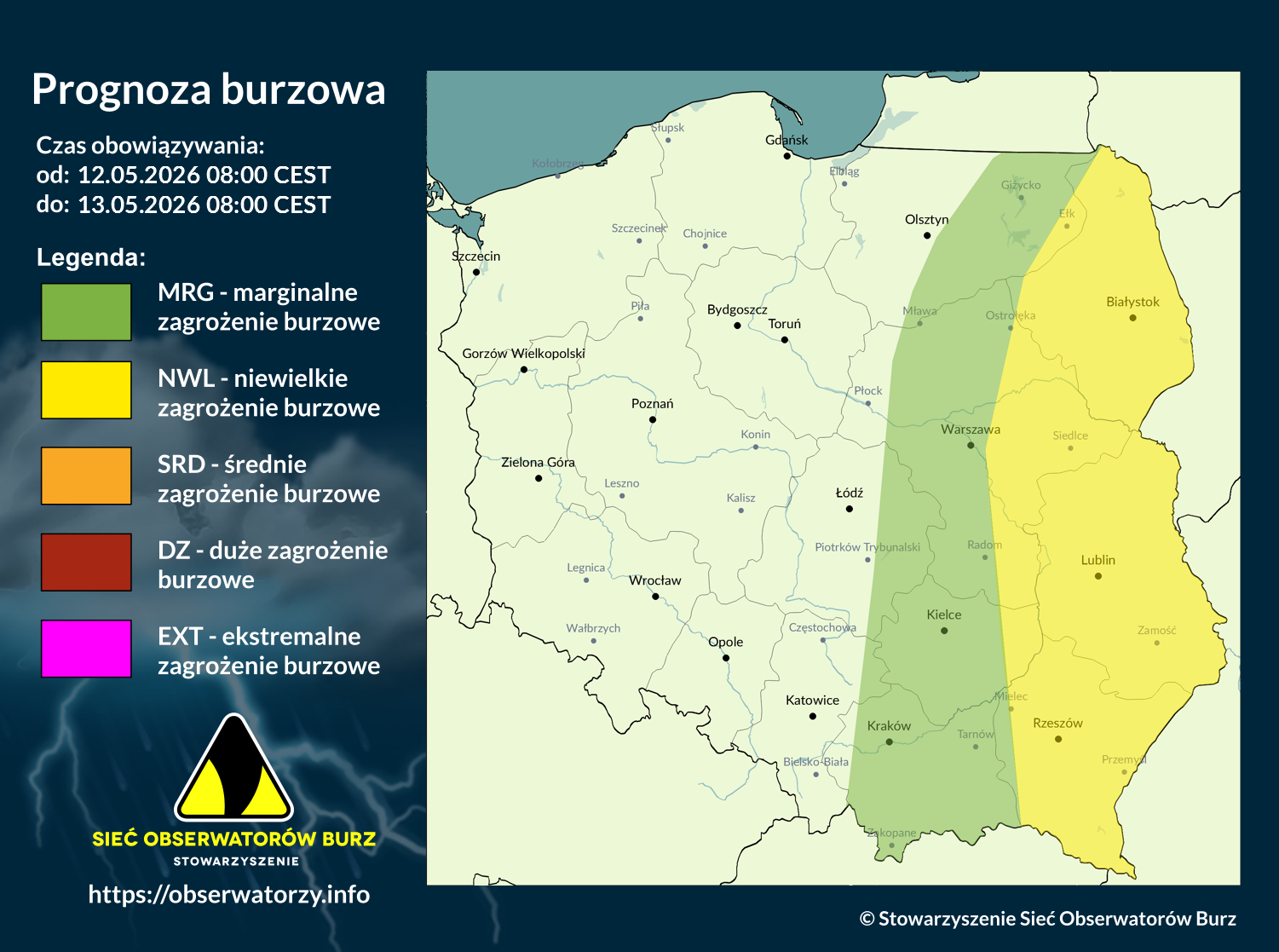 Prognoza burzowa na 12.05.2026 i noc z 12/13.05.2026