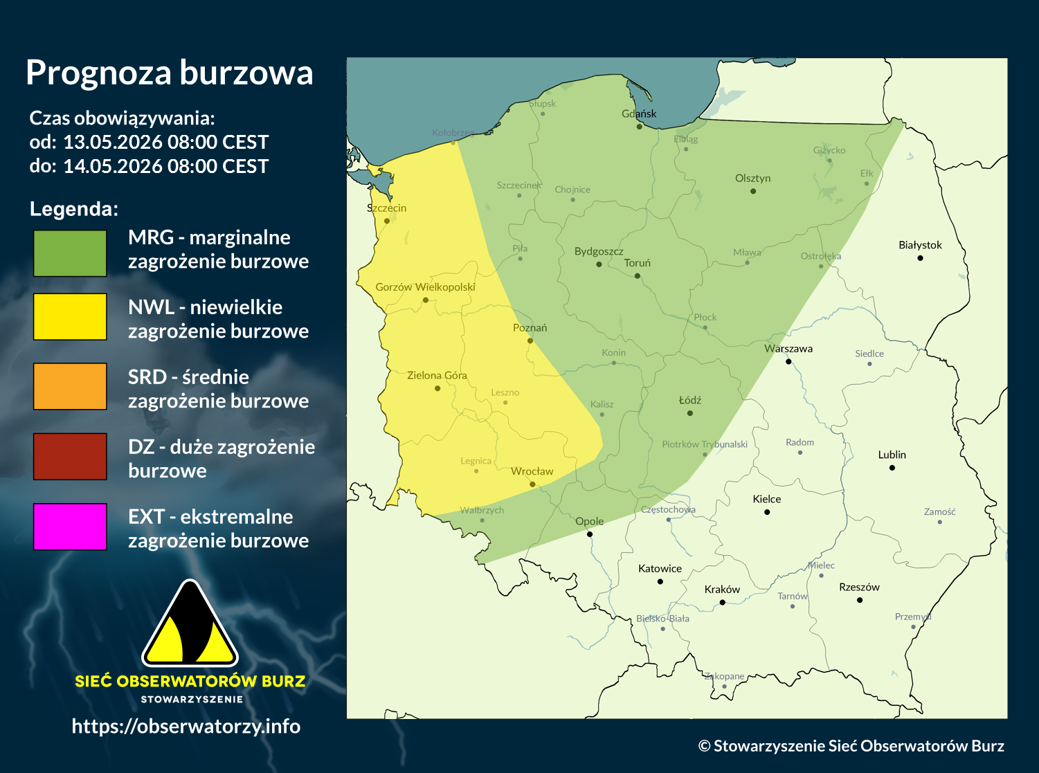 Prognoza burzowa na 13.05.2026 i noc z 13/14.05.2026 [AKTUALIZACJA]
