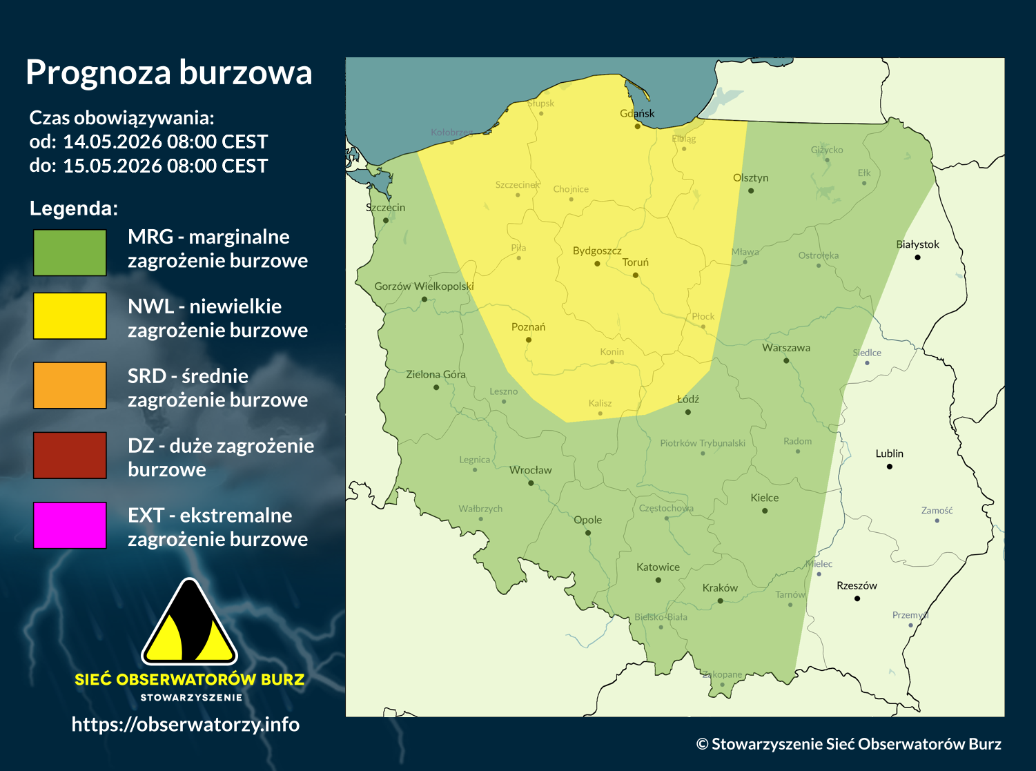 Prognoza burzowa na 14.05.2026 i noc z 14/15.05.2026