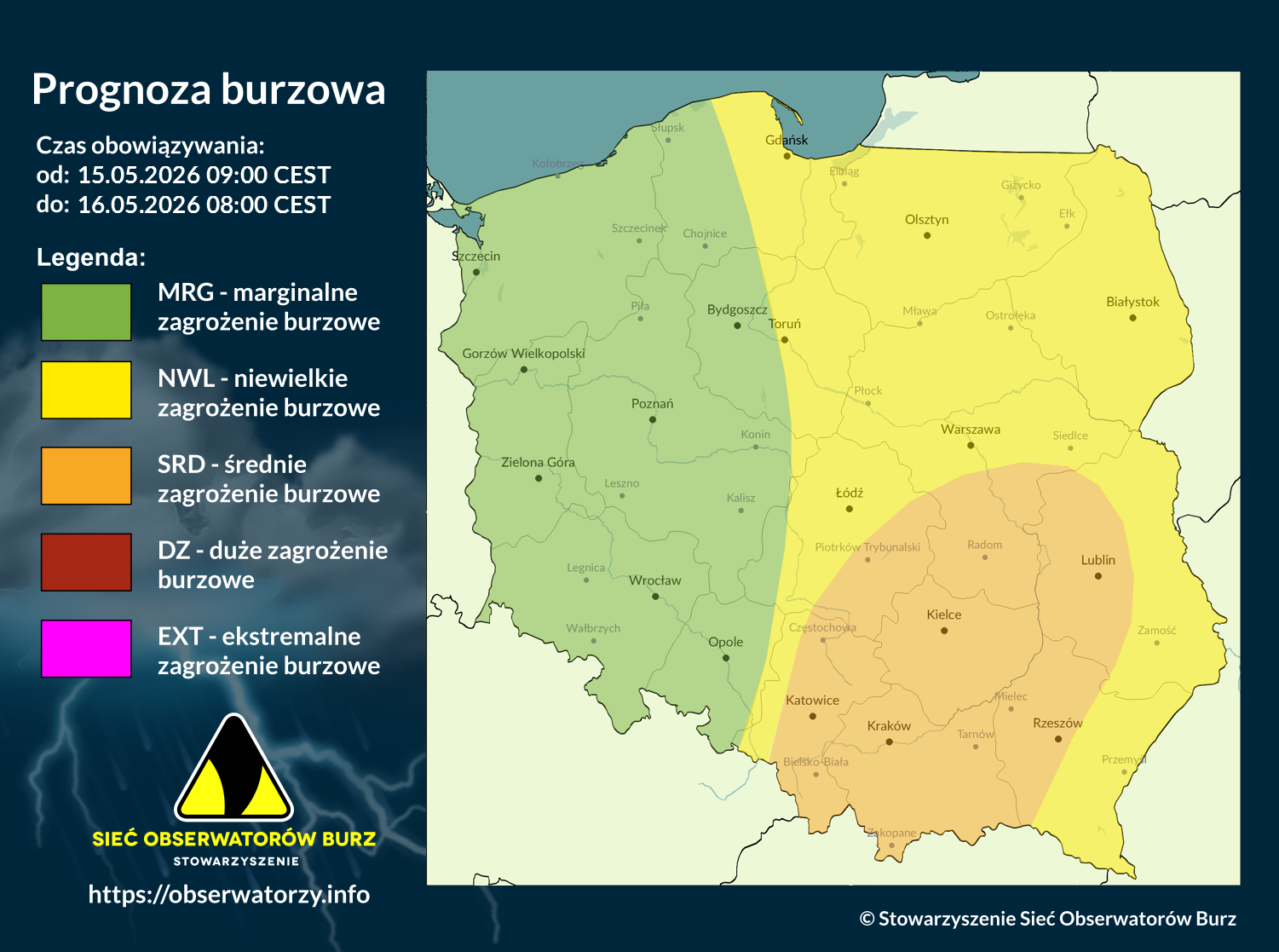 Prognoza burzowa na 15.05.2026 i noc z 15/16.05.2026 [AKTUALIZACJA]