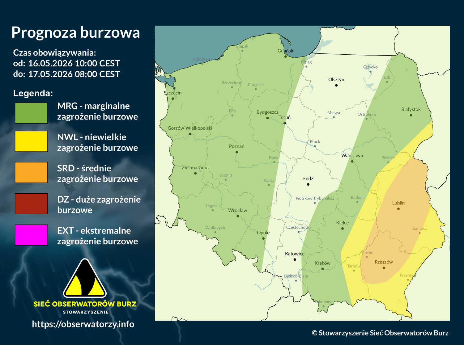 Prognoza burzowa na 16.05.2026 i noc z 16/17.05.2026 [AKTUALIZACJA]